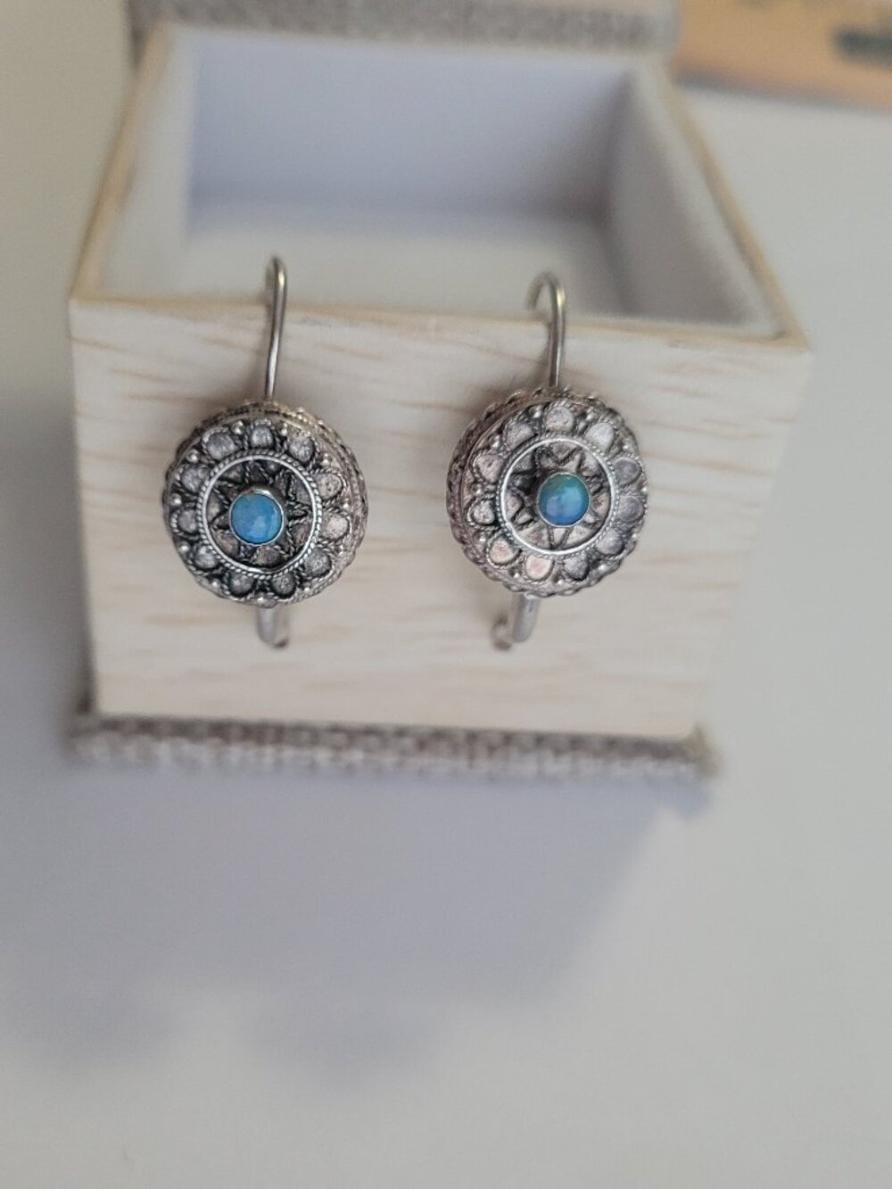 Sterling Opal Earrings Vintage Etruscan Style Dangle October Birthstone